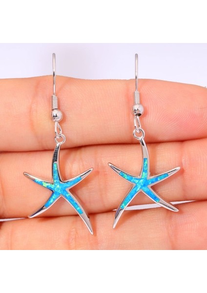 Mavi Stil Kadın Kızlar Için Moda Zarif Beş Köşeli Yıldız Ateş Opal Küpe Gümüş Küpe (Yurt Dışından) modelleri