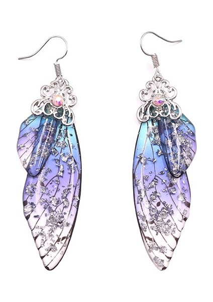 Gümüş Mavi El Yapımı Peri Simülasyon Kanat Küpe Böcek Kelebek Kanatı Düşen Küpe Folyo Taşlı Küpe Romantik Gelin Takıları (Yurt Dışından)