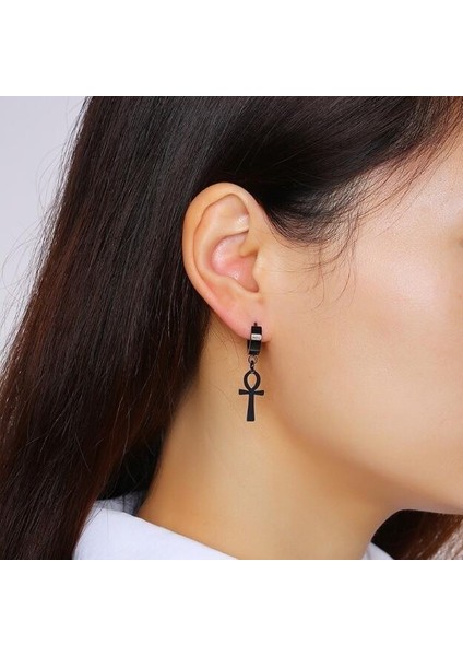 Siyah Stil Kadınlar ve Erkekler Için Siyah Paslanmaz Çelik Mısır Kleopatra Küpe - Ankh Haçı Mücevherleri - Antika Siyah (Yurt Dışından)