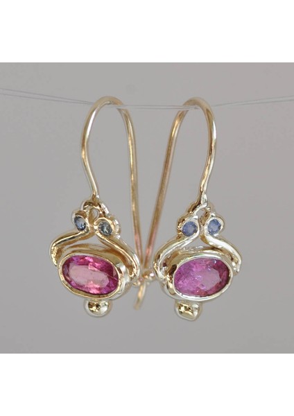 Pembe Tarzı Kadın Takı Hediyeleri 14 Ayar Altın Mavi Safir Oval Pembe Turmalin Taşlı Dangle Kanca Küpe (Yurt Dışından) fiyatları