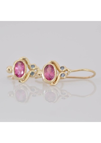 Pembe Tarzı Kadın Takı Hediyeleri 14 Ayar Altın Mavi Safir Oval Pembe Turmalin Taşlı Dangle Kanca Küpe (Yurt Dışından) modelleri