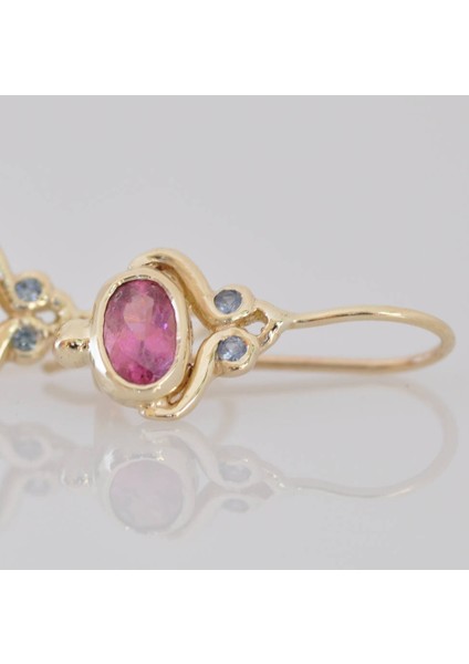 Pembe Tarzı Kadın Takı Hediyeleri 14 Ayar Altın Mavi Safir Oval Pembe Turmalin Taşlı Dangle Kanca Küpe (Yurt Dışından) indirimleri