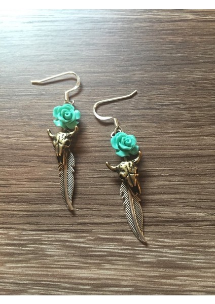 Inek Kafatası Küpe Turkuaz Gül Küpe Boynuzlu Inek Güneybatı Küpe Inek Kafa Tüy Çiçek Takı Bufalo Boynuzlu Inek Kafatası Küpe (Yurt Dışından)