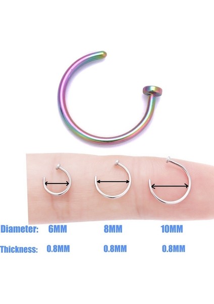 Çok Renkli Stil 6 mm Ince Cerrahi Çelik Açık Burun Halka Piercing Iğnesi 7 Renk 3 Boyut (Yurt Dışından)
