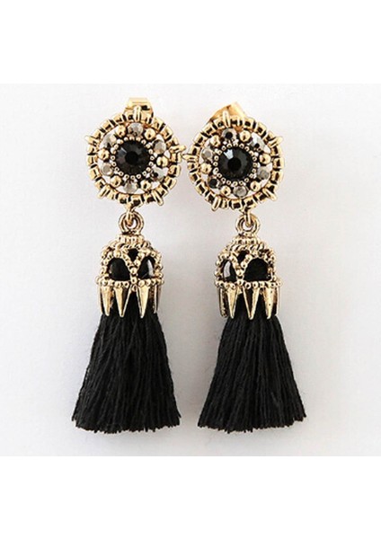 Siyah Stil Yeni Kadın Vintage Damla Küpe Hollow Taşlı Püskül Uzun Asılı Küpe (Yurt Dışından)