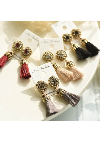 Siyah Stil Yeni Kadın Vintage Damla Küpe Hollow Taşlı Püskül Uzun Asılı Küpe (Yurt Dışından) fiyatları