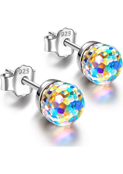 Çok Renkli Stil 6 mm 925 Gümüş Küpe Disco Topu Kristal Parıltılı Ab Kristal Renkli Aurora Küpe (Yurt Dışından)