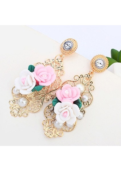Çok Renkli Stil Bir Kadın Moda Aksesuarları 3D Gül Inci Taşlı Avize Dangle Küpe - Kore Elbise Küpe (Yurt Dışından)