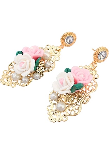 Çok Renkli Stil Bir Kadın Moda Aksesuarları 3D Gül Inci Taşlı Avize Dangle Küpe - Kore Elbise Küpe (Yurt Dışından) modelleri