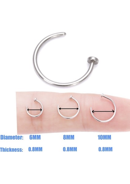 Gümüş Tarzı 8 mm Ince Cerrahi Çelik Açık Burun Halka Piercing Iğnesi 7 Renk 3 Boyut (Yurt Dışından)