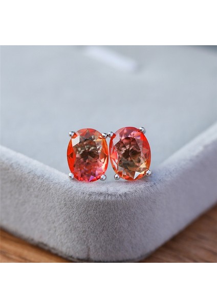 Pembe & Sarı Tarzı Gümüş Şık 1.25CT Oval Kesim Bicolor Karpuz Kırmızı Yeşil Turmalin Doğal Değerli Taş Küpe Gümüş Gelin Düğün Takı Hediye (Yurt Dışından)