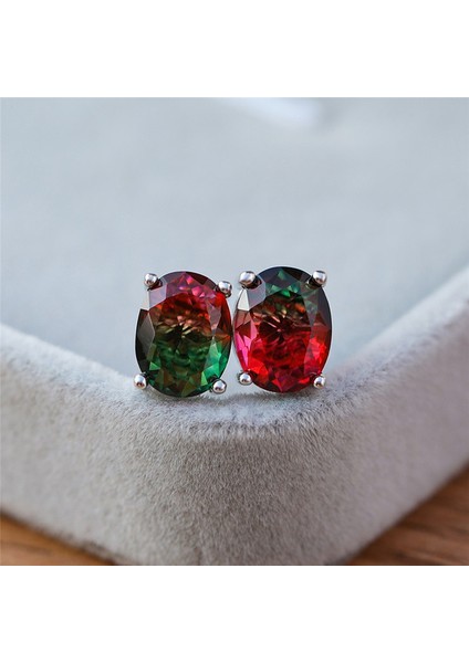 Pembe & Sarı Tarzı Gümüş Şık 1.25CT Oval Kesim Bicolor Karpuz Kırmızı Yeşil Turmalin Doğal Değerli Taş Küpe Gümüş Gelin Düğün Takı Hediye (Yurt Dışından) fiyatları