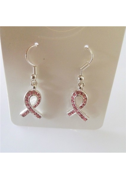 Pembe Taşlı Gümüş Kurdele Kolye Küpe, Meme Kanseri Küpe, Haç Şekilli Kadın Küpe Takı (Yurt Dışından)
