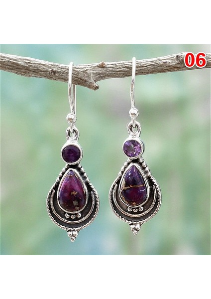 No.6 Boyutu Kadınlar Için Vintage Gümüş Küpe Ay Taşı ve Ametist & Peridot & Inci Küpe Düğün Gelin Takı Hediye (Yurt Dışından)