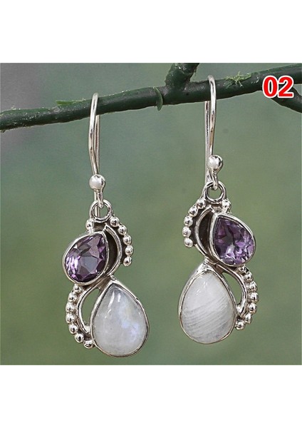 No.6 Boyutu Kadınlar Için Vintage Gümüş Küpe Ay Taşı ve Ametist & Peridot & Inci Küpe Düğün Gelin Takı Hediye (Yurt Dışından)