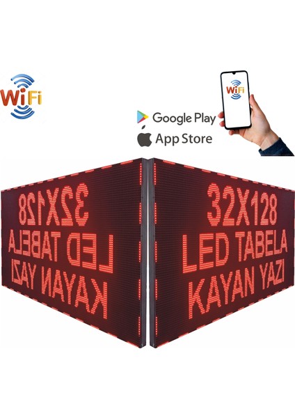 LED Tabela 32X128CM Çift Taraflı Kayan Yazı Wifi (Telefondan Yazı Değiştirme)Kırmızı