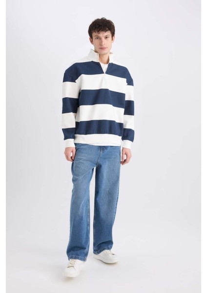 Boxy Fit Fermuarlı Dik Yaka Çizgili Sweatshirt C7045AX24AU fiyatları