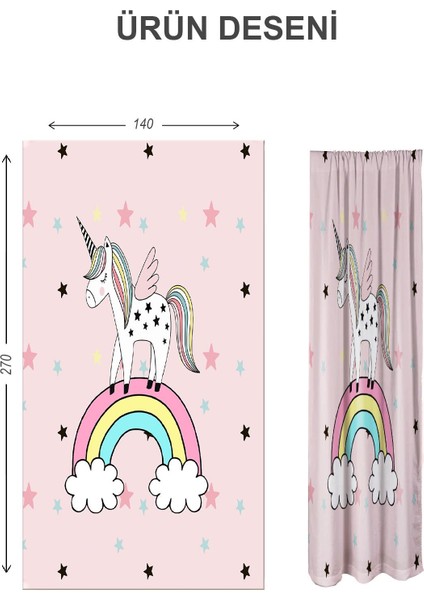 Dijital Baskı Yıkanabilir Unicorn Desenli 2 Kanat Bebek ve Çocuk Odası Fon Perdesi