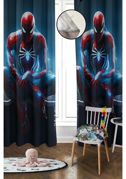 Dijital Baskı Yıkanabilir Spiderman Desenli 2 Kanat Bebek ve Çocuk Odası Fon Perdesi