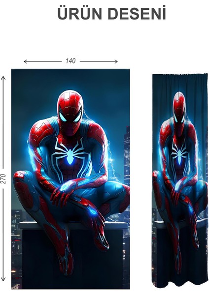 Dijital Baskı Yıkanabilir Spiderman Desenli 2 Kanat Bebek ve Çocuk Odası Fon Perdesi