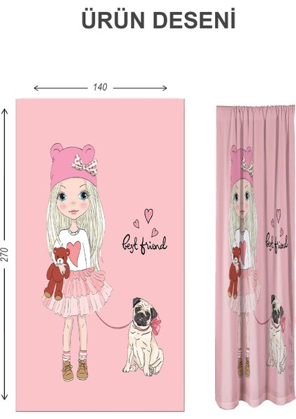 Dijital Baskı Yıkanabilir Kız ve Köpek Desenli 2 Kanat Bebek ve Çocuk Odası Fon Perdesi
