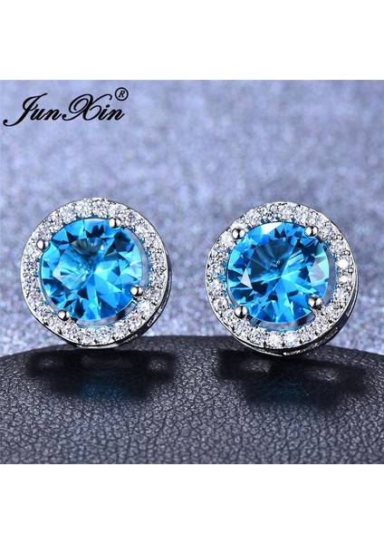 Akuamarin Tarzı Junxin Zarif 10KT Beyaz Altın Kaplama 8mm Yuvarlak Kesim Doğal Safir Taşlı Akik Prenses Küpe Küpe Kadınlar Küpe Düğün Takı Moda Takı (Yurt Dışından)