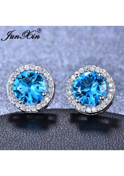 Akuamarin Tarzı Junxin Zarif 10KT Beyaz Altın Kaplama 8mm Yuvarlak Kesim Doğal Safir Taşlı Akik Prenses Küpe Küpe Kadınlar Küpe Düğün Takı Moda Takı (Yurt Dışından)