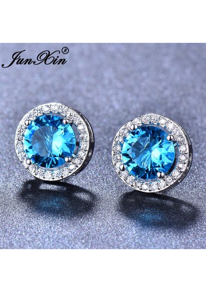Akuamarin Tarzı Junxin Zarif 10KT Beyaz Altın Kaplama 8mm Yuvarlak Kesim Doğal Safir Taşlı Akik Prenses Küpe Küpe Kadınlar Küpe Düğün Takı Moda Takı (Yurt Dışından)