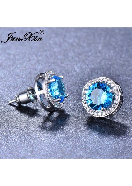 Akuamarin Tarzı Junxin Zarif 10KT Beyaz Altın Kaplama 8mm Yuvarlak Kesim Doğal Safir Taşlı Akik Prenses Küpe Küpe Kadınlar Küpe Düğün Takı Moda Takı (Yurt Dışından)