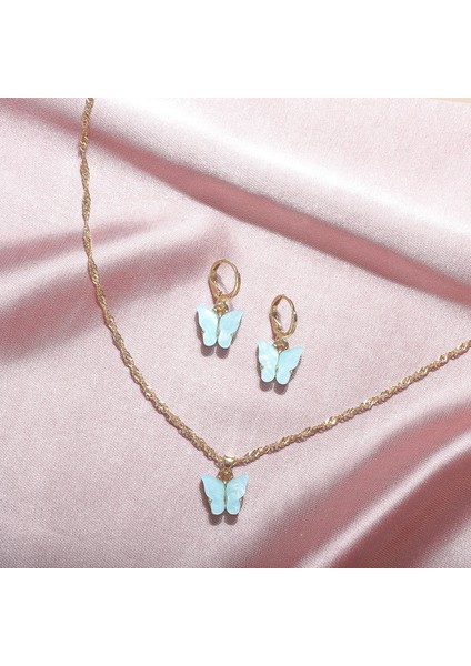 Mavi Stil Kelebek Kolye Küpe Seti Renkli Akrilik Kelebek Düşen Küpe Kadın Kolye Küpe Seti Moda Takı Hediye Kadınlar Kızlar Için (Yurt Dışından)