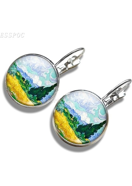 Gümüş Tarzı No.5 Boyutu Gümüş Sanat Van Gogh Yıldızlı Gece Tablo Halka Küpe Ayçiçeği Tibet Cam Kabinli Kanca Küpe Kadınlar Için Vintage Takı (Yurt Dışından)