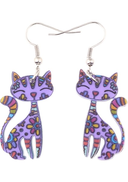 Mor Tarzı Kadın Kız Genç Kedili Çiçekli Akrilik Kedi Kedi Küpe Düşen Kolye Takı Hayvan Mücevher Süs Dekorasyon Parti Hediye Alışveriş Şık Aksesuarlar (Yurt Dışından)