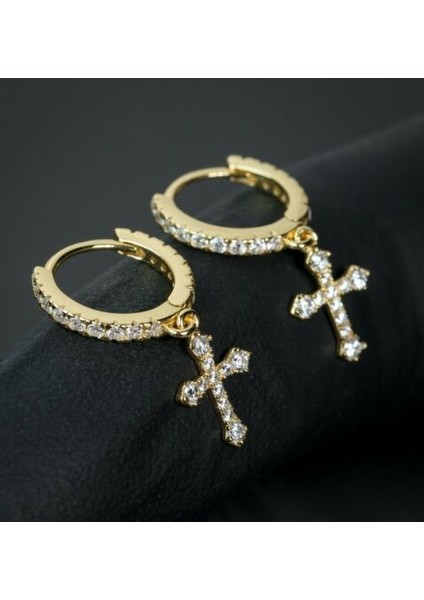 Altın Erkek Kadın Beyaz Altın Gümüş Dangle Çapraz Damla Huggie Hoop Küpe (Yurt Dışından)