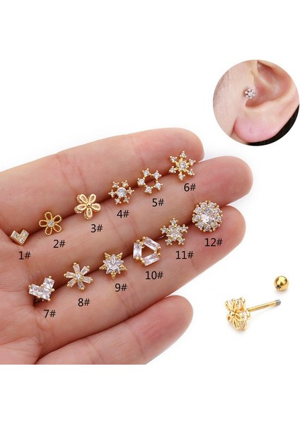 Gümüş Tarzı No.2 Boyutu 1 Adet Çeşitli Kristal Çiçek Kıkırdak Piercing Helix Takı Paslanmaz Çelik Cz Kulak Iğnesi Tragus Kıkırdak Conch Küpe Iğnesi (Yurt Dışından)