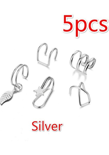Gümüş Tarzı 5 Adet/takım Moda Punk Rock Kulak Kelepçesi Wrap Küpe No Piercing-Clip On Kıkırdak Wrap Küpe Takı Kadınlar Için Hediye (Yurt Dışından)