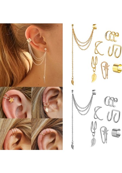 Gümüş Tarzı 5 Adet/takım Moda Punk Rock Kulak Kelepçesi Wrap Küpe No Piercing-Clip On Kıkırdak Wrap Küpe Takı Kadınlar Için Hediye (Yurt Dışından)