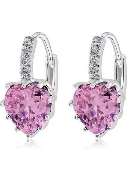Pembe Tarzı 18K Beyaz Altın Kaplama 6 Renk Taşlı Kalp Kristal Halka Klipsli Küpe (Yurt Dışından)