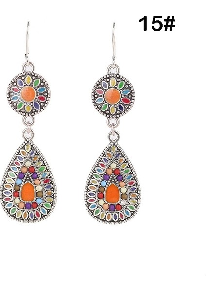 No.15 Boyutu Kadınlar Için Retro Boho Çiçek Boncuklu Yaprak Düşen Küpe Moda Takılar Geometrik Desenli Yuvarlak Küpeler (Yurt Dışından)