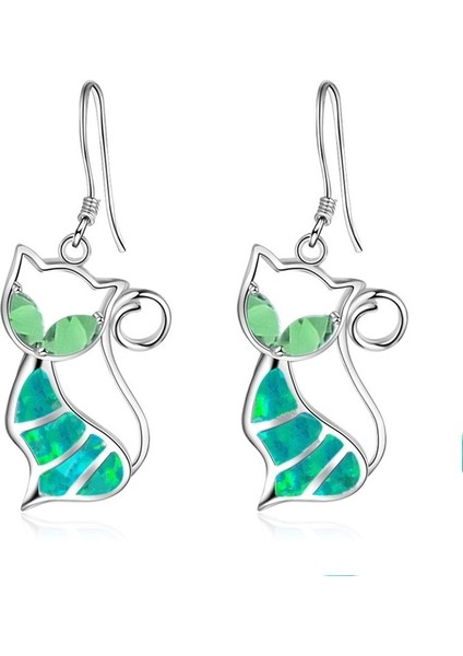 Yeşil Stil Sevimli Küçük Kedi Kolye Küpe Mavi Ateş Opal Küpe Safir Işlemeli Kadın Düğün Takıları (Yurt Dışından)