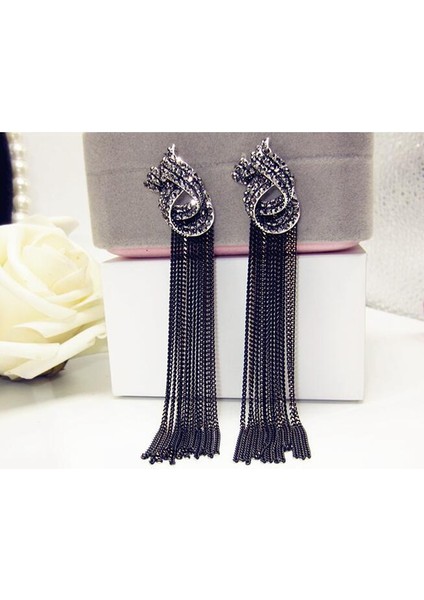 Gümüş Tarzı Kadınlar Parti Takı Siyah Zincir Uzun Sallantılı Küpe Lüks Taşlı Vintage Püskül Küpe (Yurt Dışından)