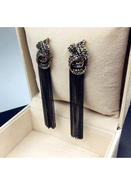Gümüş Tarzı Kadınlar Parti Takı Siyah Zincir Uzun Sallantılı Küpe Lüks Taşlı Vintage Püskül Küpe (Yurt Dışından) fiyatları