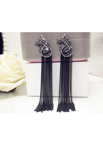 Gümüş Tarzı Kadınlar Parti Takı Siyah Zincir Uzun Sallantılı Küpe Lüks Taşlı Vintage Püskül Küpe (Yurt Dışından) modelleri