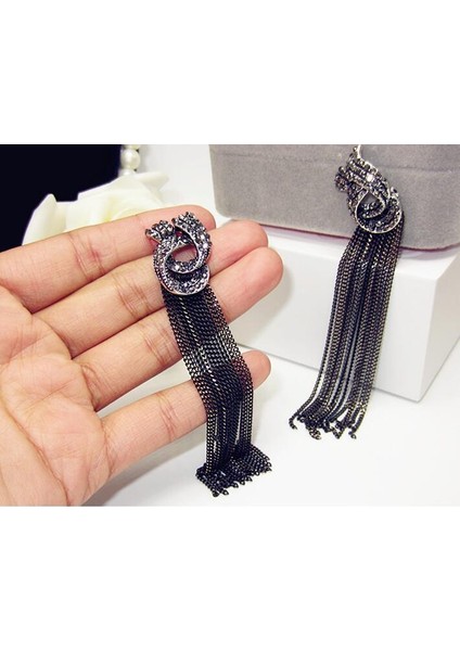 Gümüş Tarzı Kadınlar Parti Takı Siyah Zincir Uzun Sallantılı Küpe Lüks Taşlı Vintage Püskül Küpe (Yurt Dışından) fırsatları