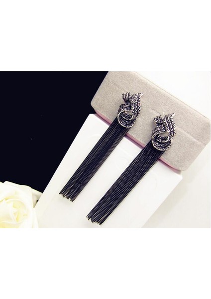 Gümüş Tarzı Kadınlar Parti Takı Siyah Zincir Uzun Sallantılı Küpe Lüks Taşlı Vintage Püskül Küpe (Yurt Dışından) indirimleri