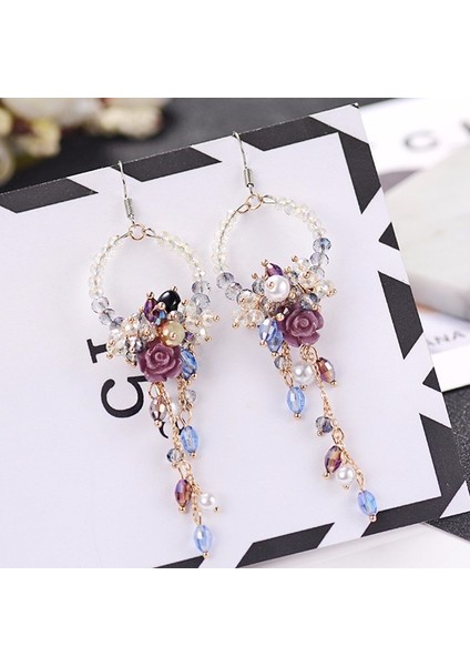 1 Bilgisayar Moda Kadın Zarif Büyük Küpe Sallantılı Çiçek Küpe Renkli Kristal Boncuk Uzun Düşen Küpe (Yurt Dışından) modelleri