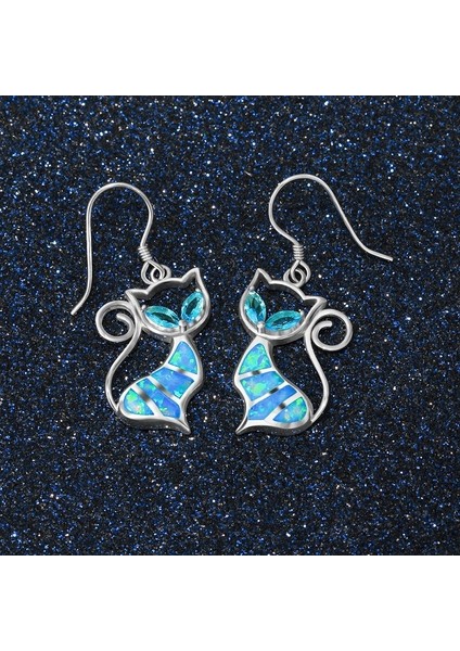 Yeşil Stil Sevimli Küçük Kedi Kolye Küpe Mavi Ateş Opal Küpe Safir Işlemeli Kadın Düğün Takıları (Yurt Dışından) modelleri