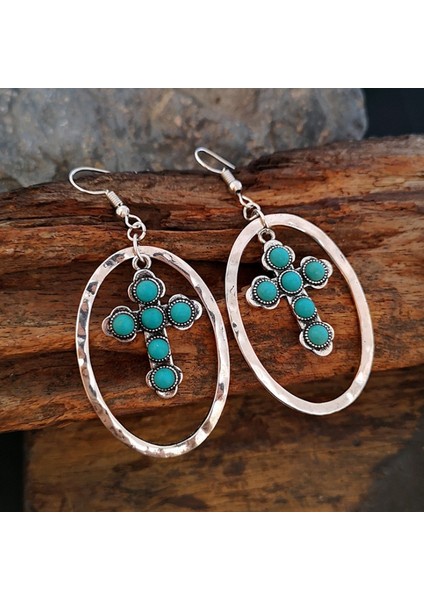 Yeni Vintage Modası Gümüş Doğal Turkuaz Haç Halka Küpe Sonsuz Küpe Kadınlar Kızlar Hediye Için (Yurt Dışından) modelleri