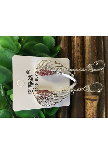 Pembe Tarzı 925 Gümüş Melek Kanatlı Kristal Küpe Kadınlar Için Düşme Küpe Ear Stud Uzun Manşet Küpe ER623 (Yurt Dışından)