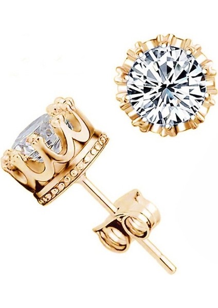 Gümüş Tarzı Moda Taç 18K Altın Kaplama Küpe Kadın Brincos De Prata Erkek Gümüş Kristal Takı Çift Iki Taraflı Küpe (Yurt Dışından)