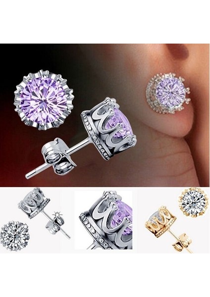 Gümüş Tarzı Moda Taç 18K Altın Kaplama Küpe Kadın Brincos De Prata Erkek Gümüş Kristal Takı Çift Iki Taraflı Küpe (Yurt Dışından) indirimleri